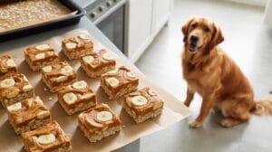 Multiple homemade banana oat bars with banana slices on top are arranged on parchment paper on a counter, with a golden retriever sitting on the kitchen floor and looking up.