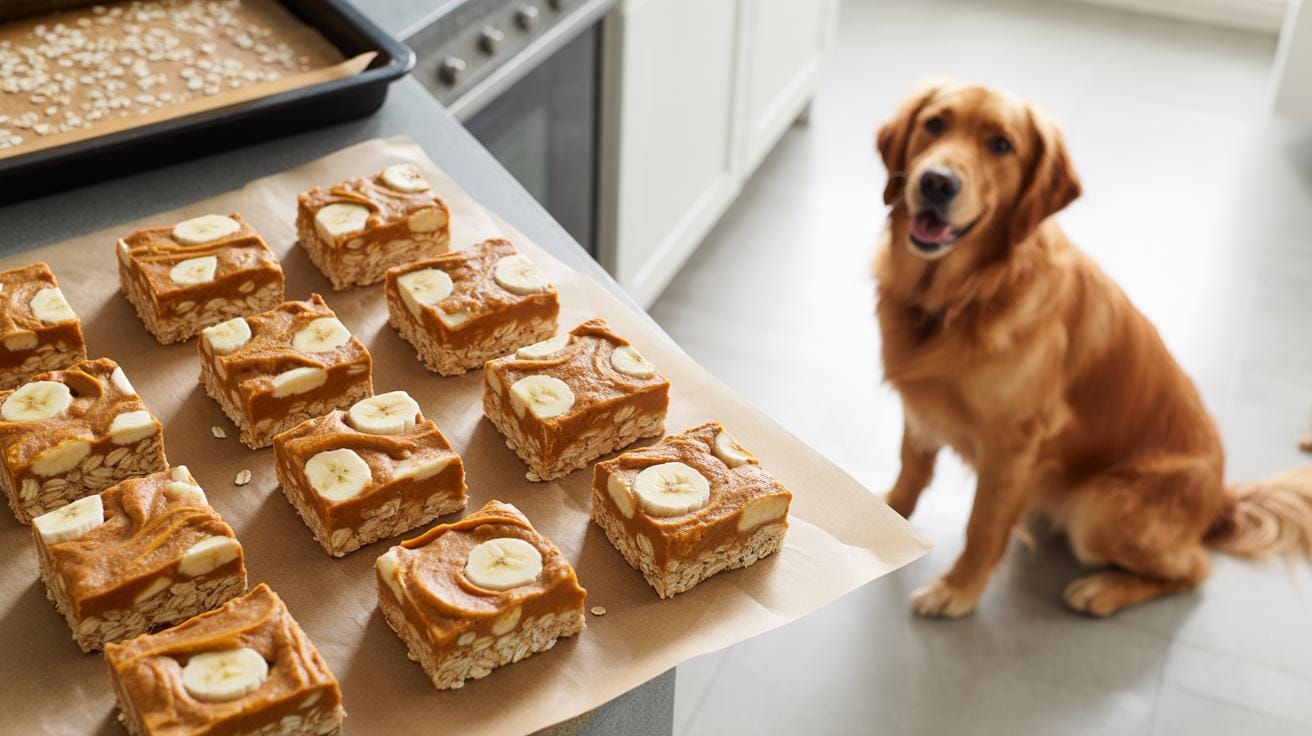 Multiple homemade banana oat bars with banana slices on top are arranged on parchment paper on a counter, with a golden retriever sitting on the kitchen floor and looking up.