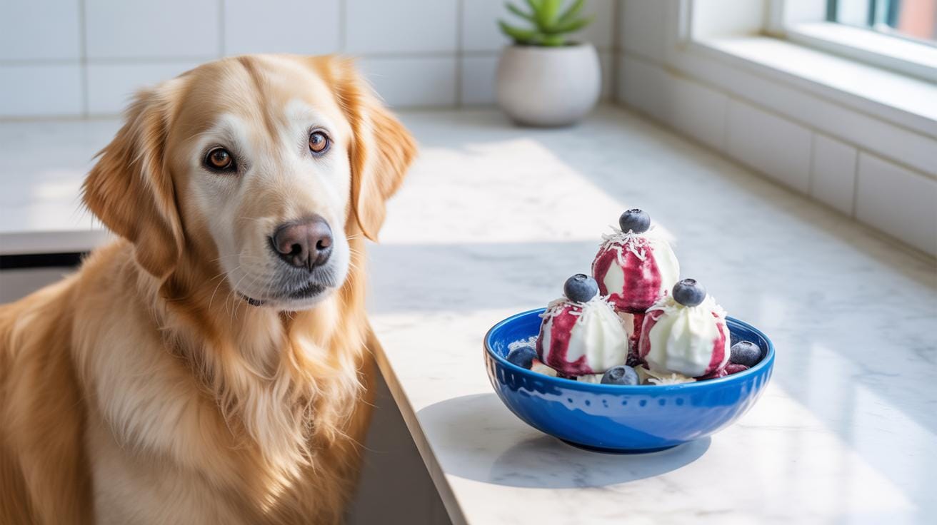 A golden retriever sits beside a bowl of ice cream topped with blueberry sauce and fresh blueberries on a kitchen counter, with sunlight streaming through a nearby window.