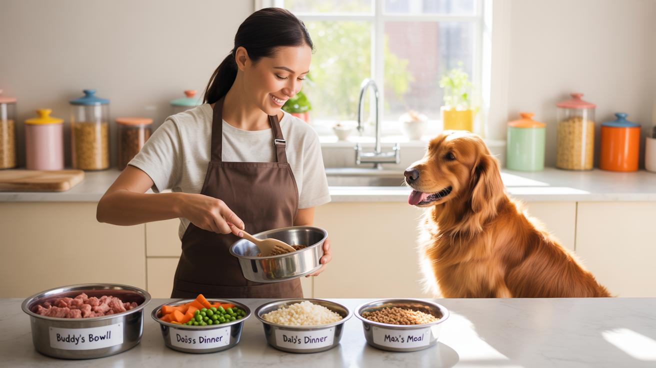 A woman in an apron prepares food at a kitchen counter for a happy golden retriever. Four labeled bowls with different meals are arranged in front of her, each containing various ingredients.