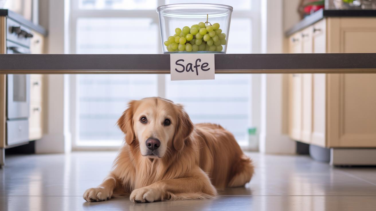 A golden retriever lies on the kitchen floor under a table with a bowl of green grapes labeled Safe. The setting is bright and modern.