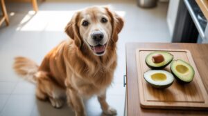 A golden retriever sits in a kitchen, looking up with a happy expression. In front of the dog on a wooden counter is a cutting board with a halved avocado and a whole avocado with the pit.