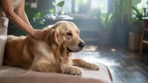 A person gently pets a golden retriever lying on a light-colored dog bed or cushion, with green plants and warm lighting in the background.