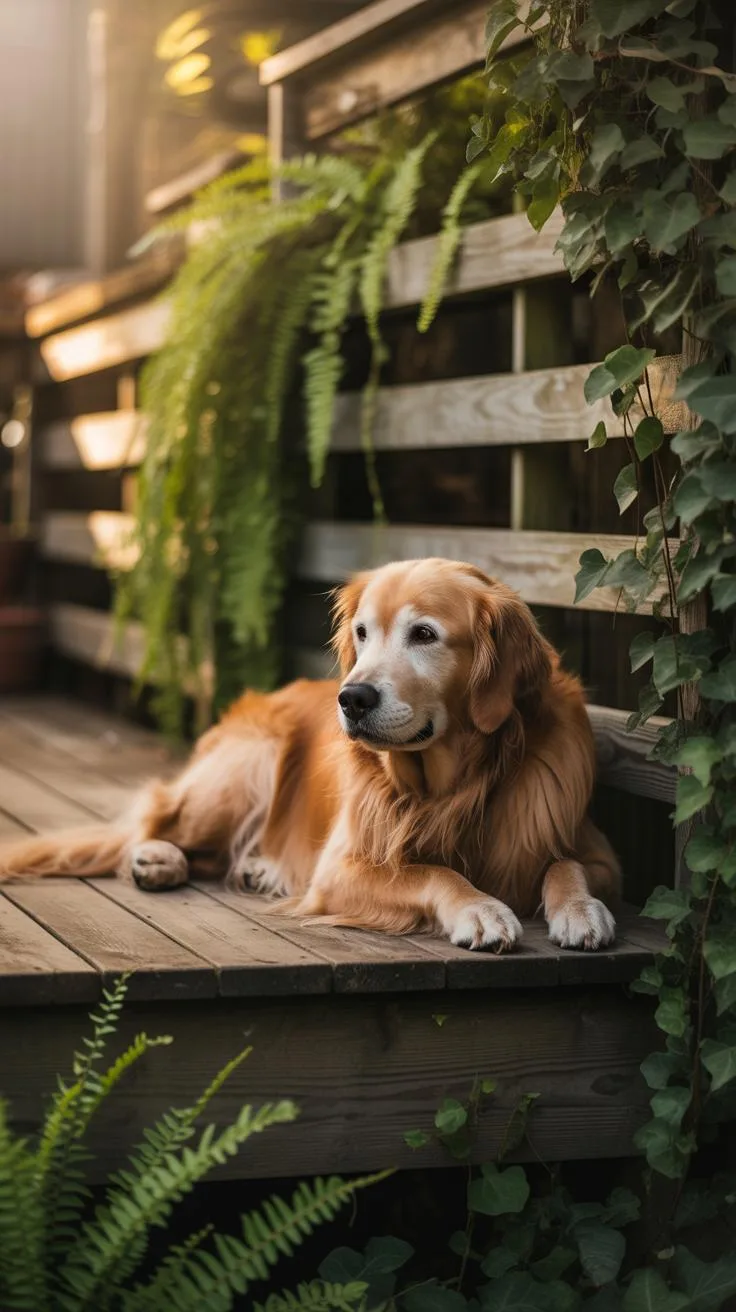 A golden retriever with a long, golden coat and white muzzle is lying on a weathered wooden deck, looking to the right, with lush green ferns and ivy