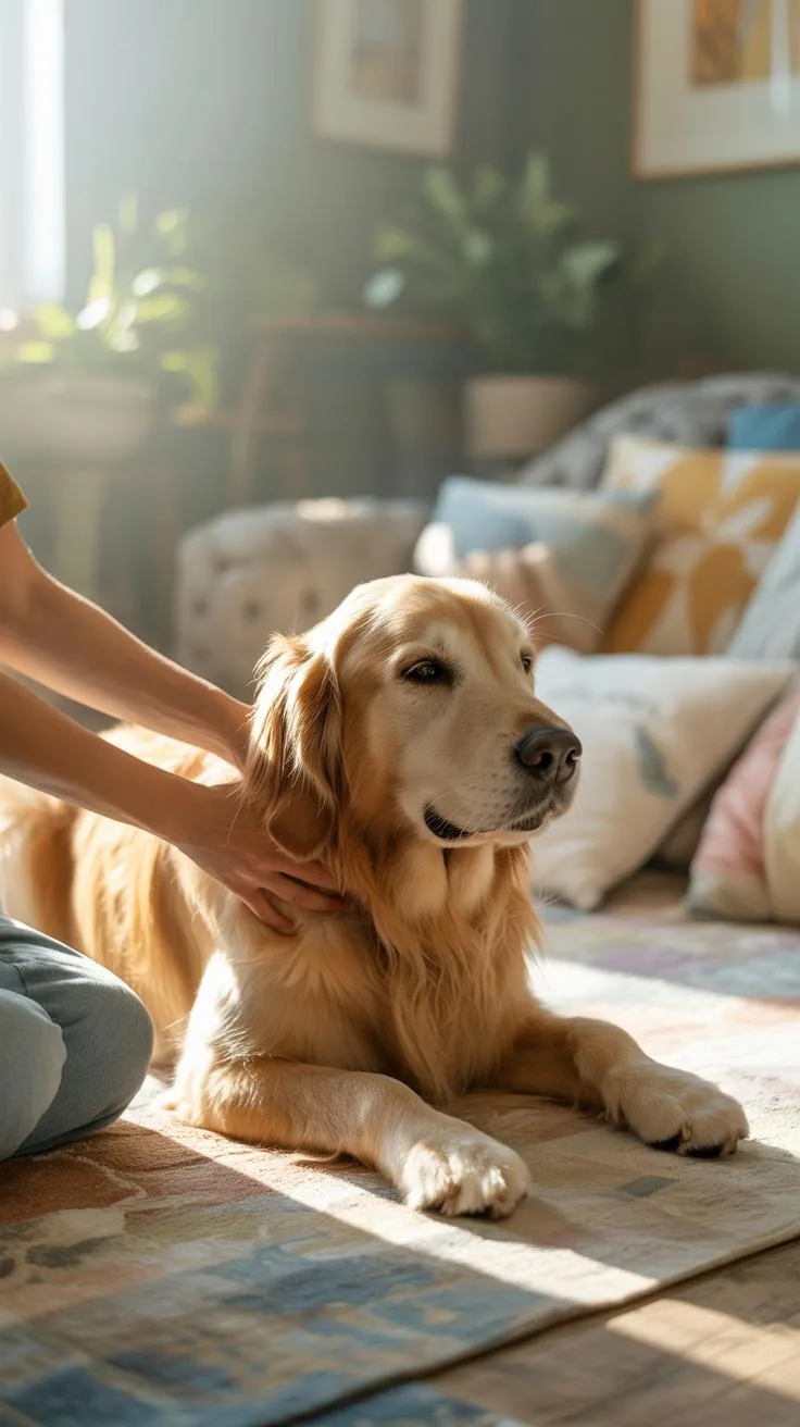 A person is petting a golden retriever lying on a rug in a sunlit living room. The dog has golden fur and is looking to the right. The person's hands