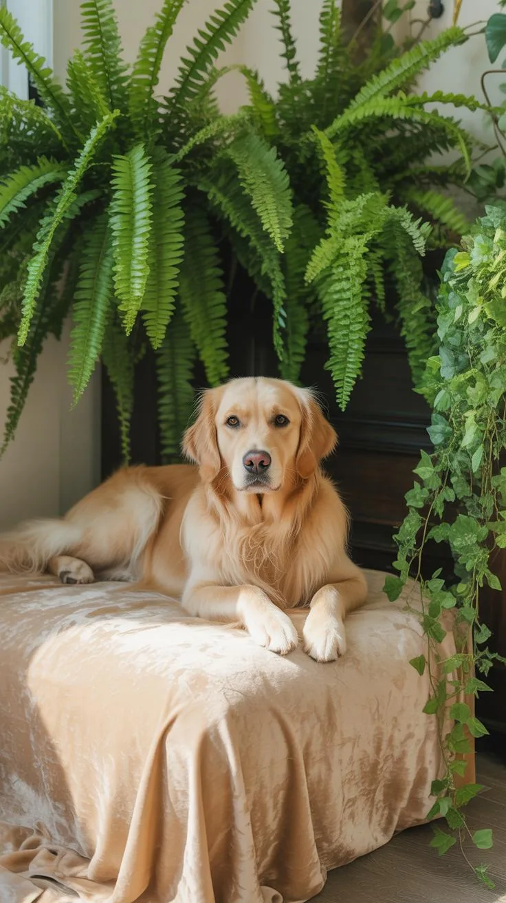 A golden retriever with light golden fur lies on a light brown velvet blanket, gazing directly forward, surrounded by lush green plants.