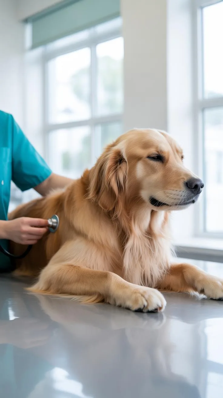 A veterinarian in teal scrubs uses a stethoscope to examine a golden retriever lying calmly on a stainless steel exam table in a bright clinic setting