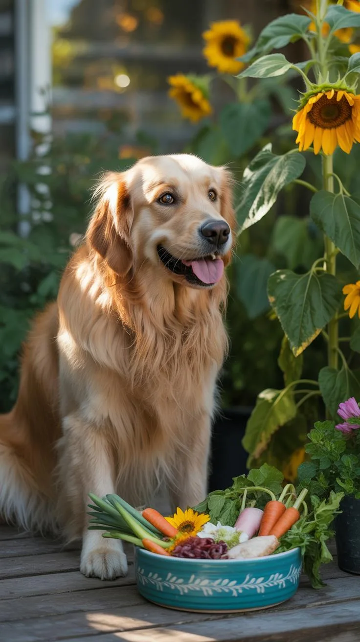 A golden retriever sits happily on a wooden deck next to a bowl of fresh vegetables, with sunflowers blooming in the background under natural sunlight