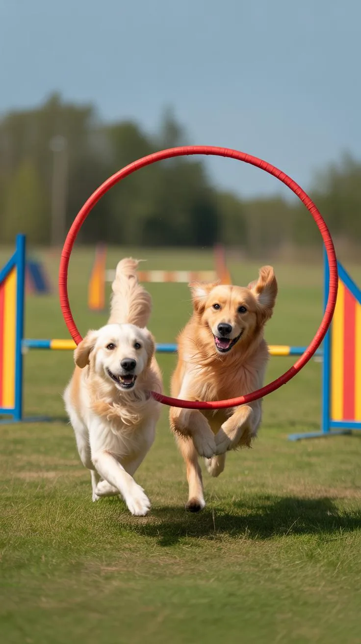 Two golden retrievers, one lighter and one darker, are enthusiastically leaping side-by-side through a red agility hoop on a sunny grassy field with b