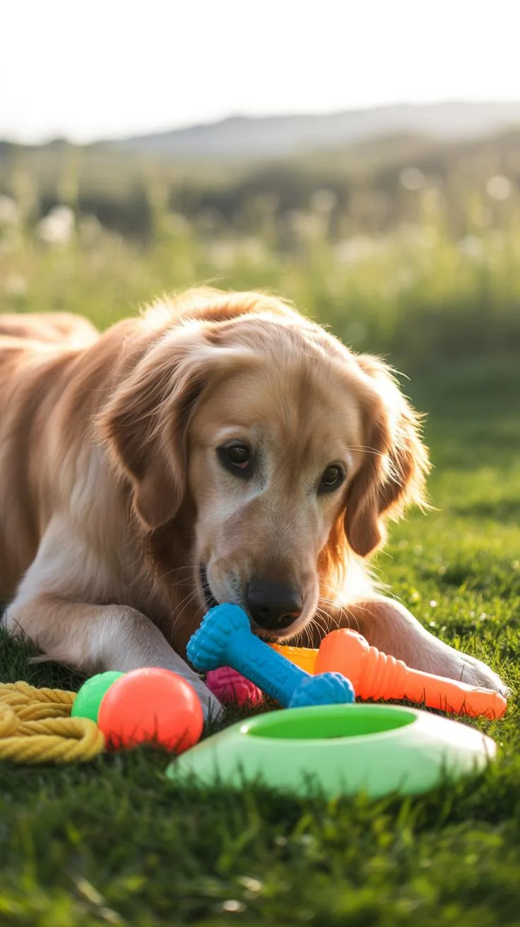 A golden retriever dog with light fur lies on green grass outdoors, surrounded by a pile of colorful chew toys including a blue bone, orange and green
