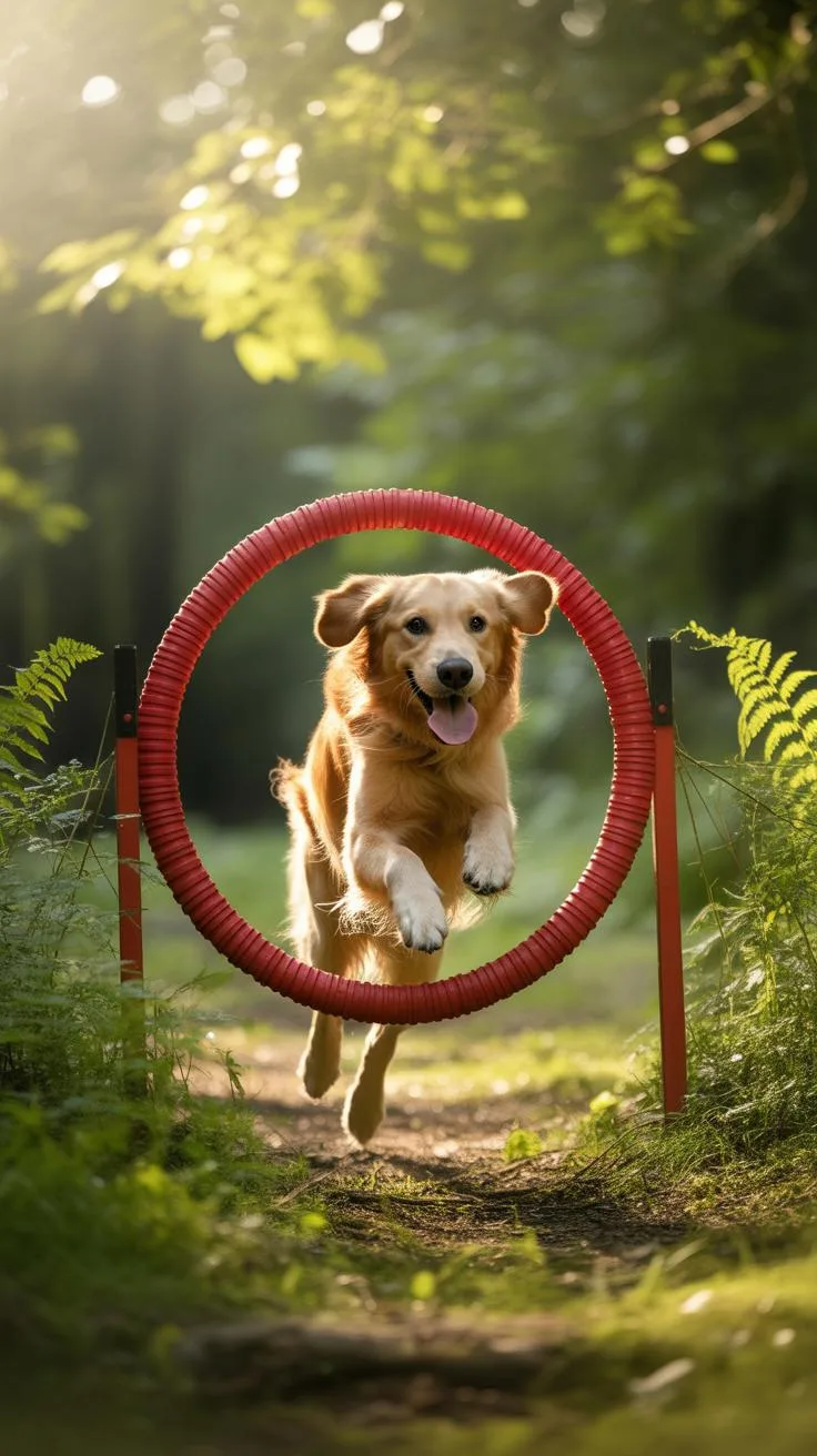 A golden retriever with a happy expression jumps through a red agility hoop in a sunlit, leafy forest path.