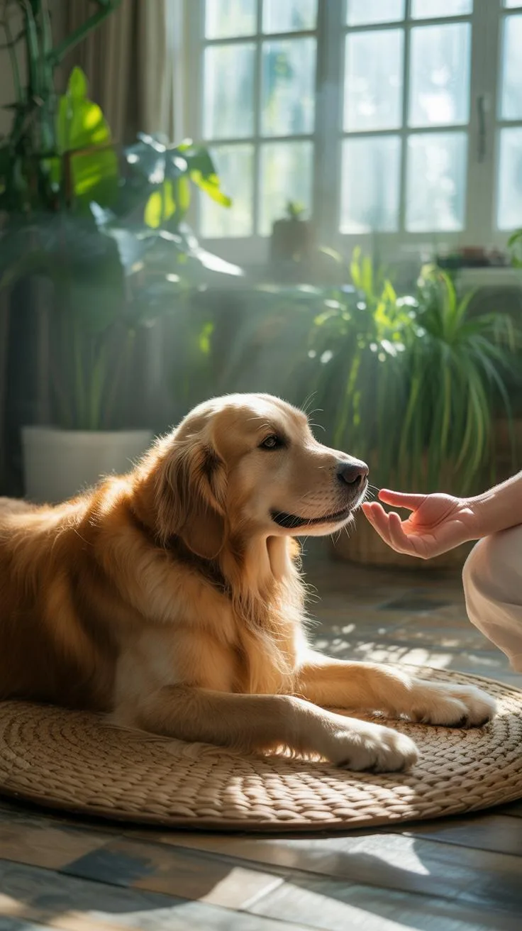 A golden retriever with shiny fur lies on a woven mat in a sunny room, looking at a hand offering it a treat.