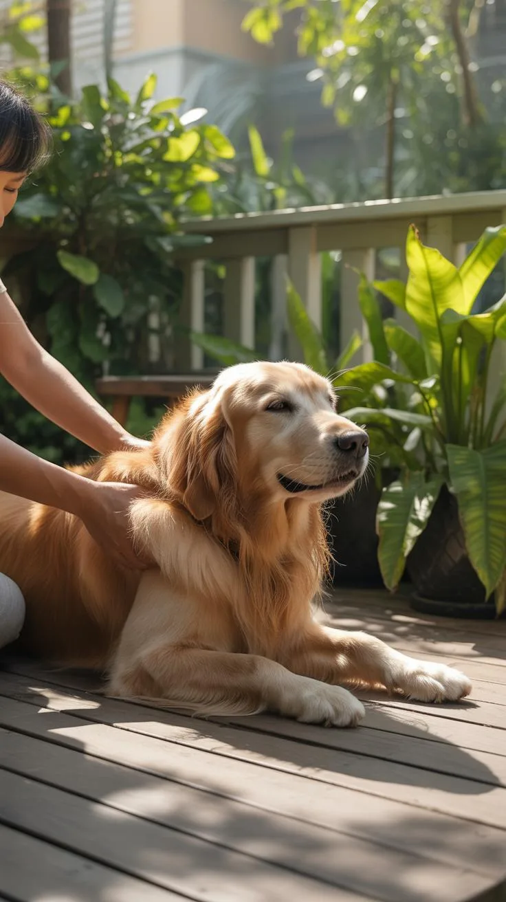 A person with light skin and dark hair pets a golden retriever dog resting on a sunlit wooden deck, surrounded by green potted plants and lush foliage