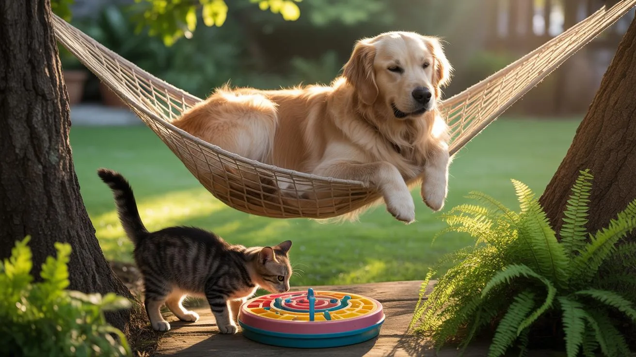 A golden retriever dog relaxes in a beige hammock strung between two trees, while a tabby kitten investigates a colorful toy on the ground below.
