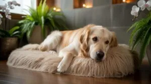 A light golden retriever dog lies comfortably on a fluffy, light brown dog bed, surrounded by green potted plants and white orchids in a softly lit in