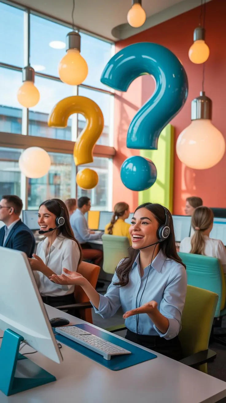 Several smiling customer service representatives wearing headsets are working at computers in a colorful office, with large yellow and blue question m