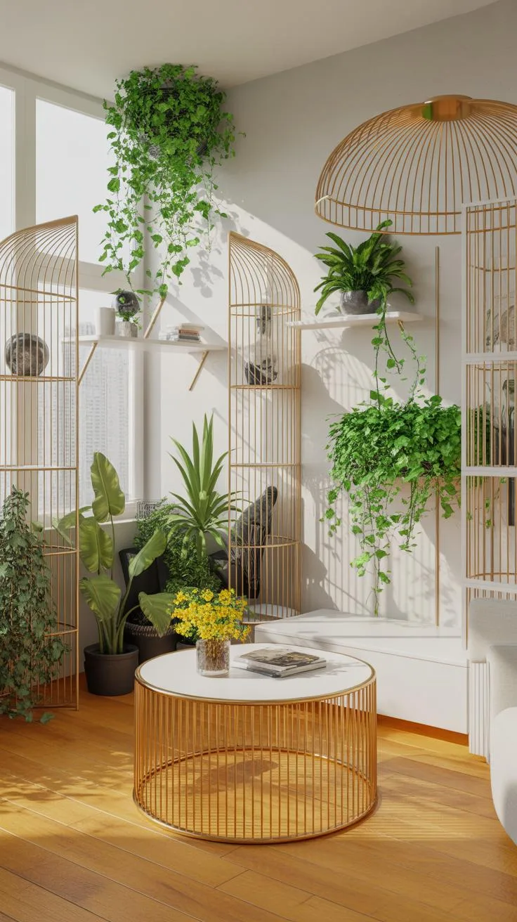 A light-filled sunroom features numerous vibrant green plants, golden wire shelving and cage-like structures, a round white and gold coffee table, and