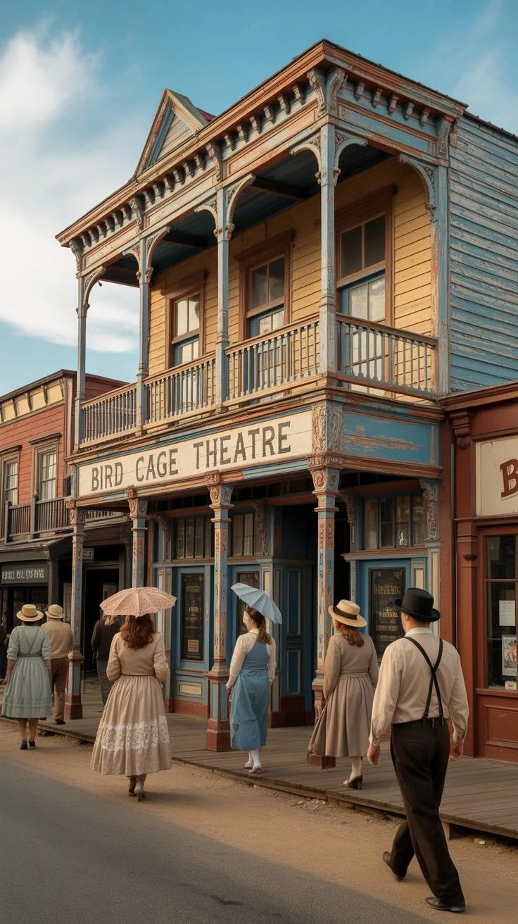 A two-story wooden building, the 'Bird Cage Theatre,' painted yellow and blue with a detailed porch and balcony, stands on a sunny street where severa