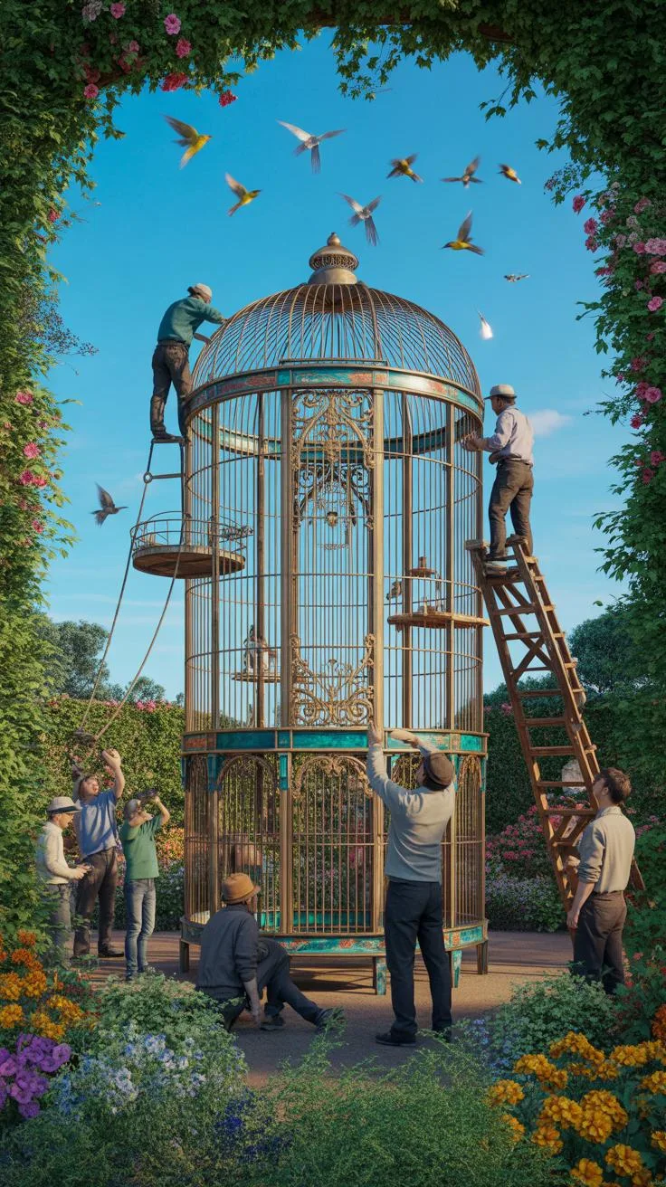 A whimsical, fantastical digital painting shows several men constructing a large, ornate birdcage under a bright blue sky, surrounded by lush green fo