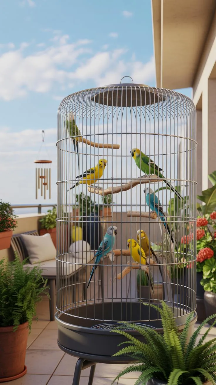 A tall, cylindrical birdcage filled with several colorful parakeets sits on a tiled balcony, surrounded by potted plants and overlooking a distant oce