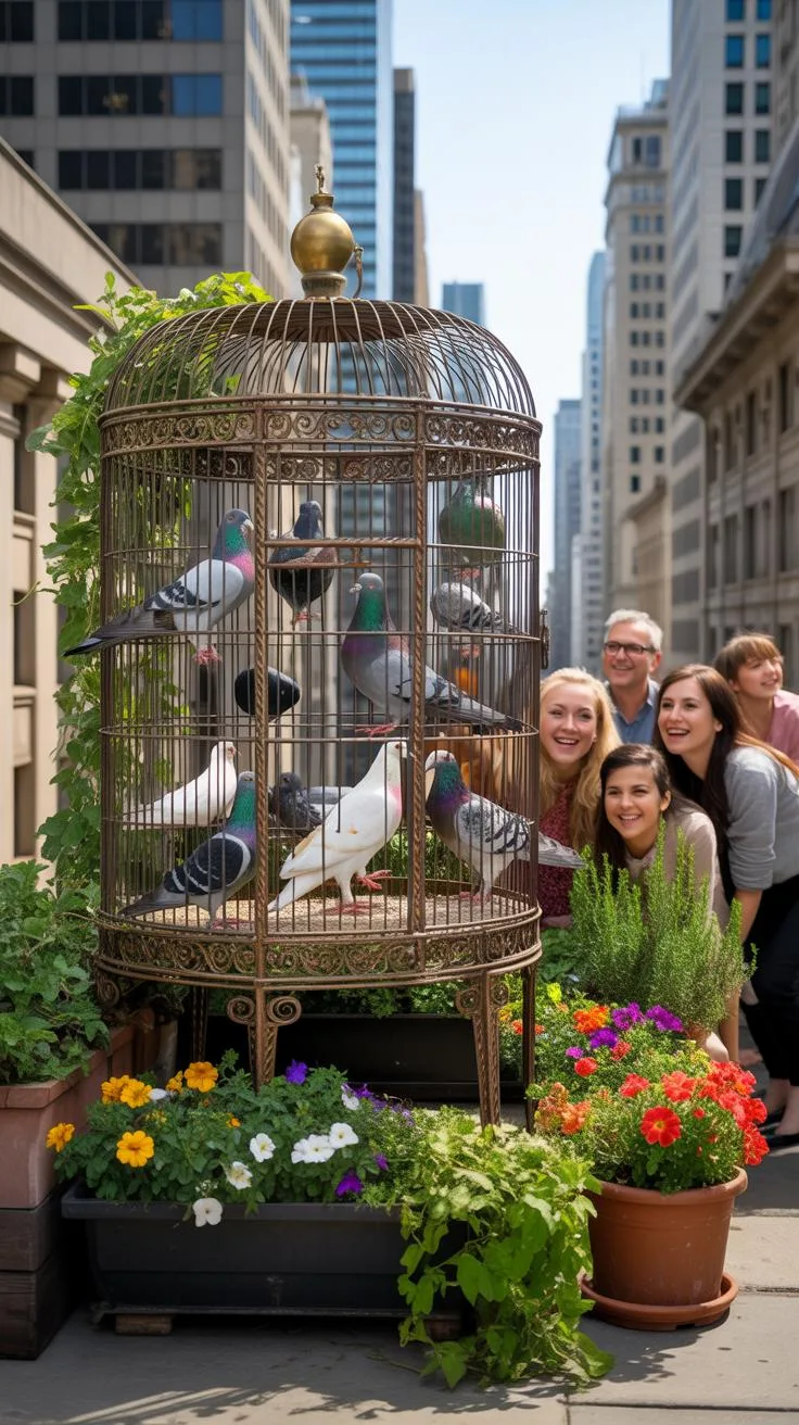 A large, antique-style birdcage, intricately designed with distressed metal and ornate details, contains several pigeons of various colors, some perch
