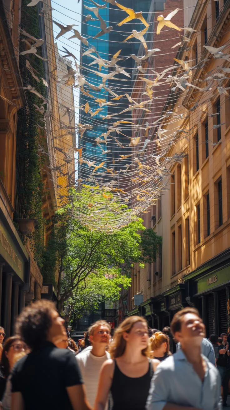A narrow, bustling city street is adorned with numerous white and yellow bird sculptures suspended on wires overhead, while people on the ground look