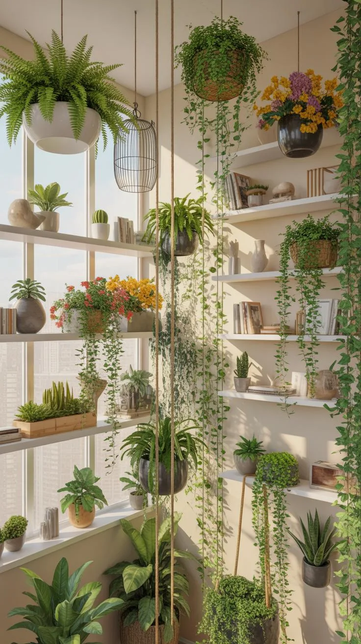 A brightly lit sunroom is overflowing with numerous green houseplants of various types, displayed on shelves, window sills, and hanging from the ceili