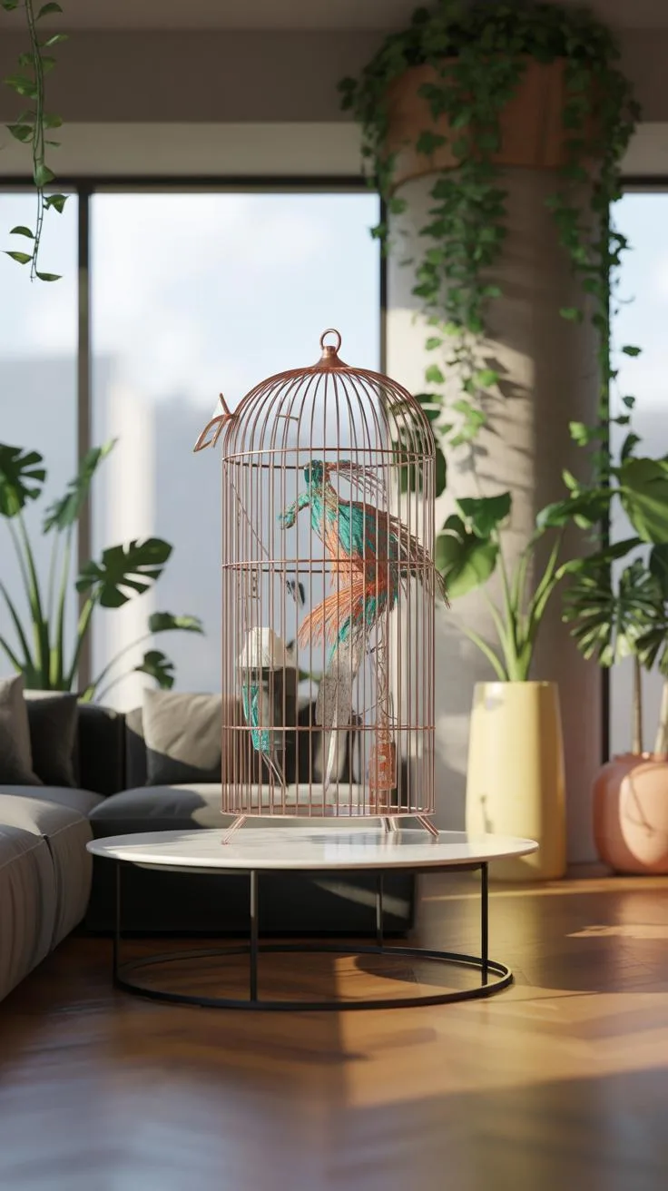 A decorative rose gold birdcage with a faux bird sits on a round white coffee table in a sunlit modern living room with many plants.
