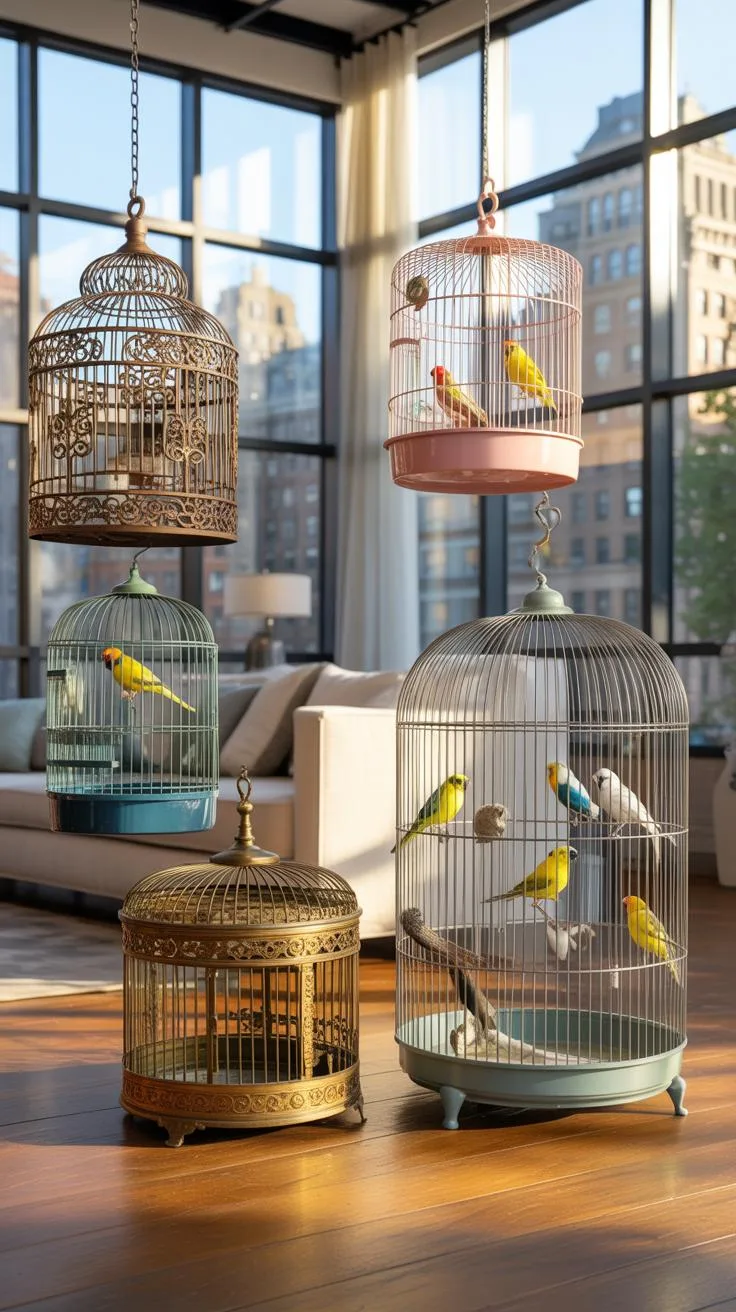 Several ornate birdcages, some hanging and some on the floor, are filled with colorful small birds in a modern, sunlit living room with large windows
