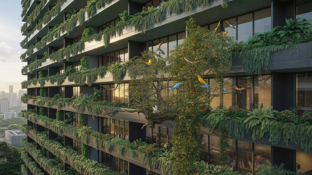 A modern high-rise building with numerous balconies covered in lush green plants, creating a vertical garden effect. The sun reflects off the large wi