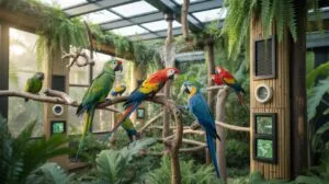 Several colorful macaws perch on branches within a lush, indoor aviary featuring abundant green foliage, wooden structures, and a glass ceiling allowi