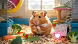 A fluffy, orange and white hamster sits upright on wood shavings, looking at the viewer, surrounded by fresh broccoli, carrots, and a small calendar w