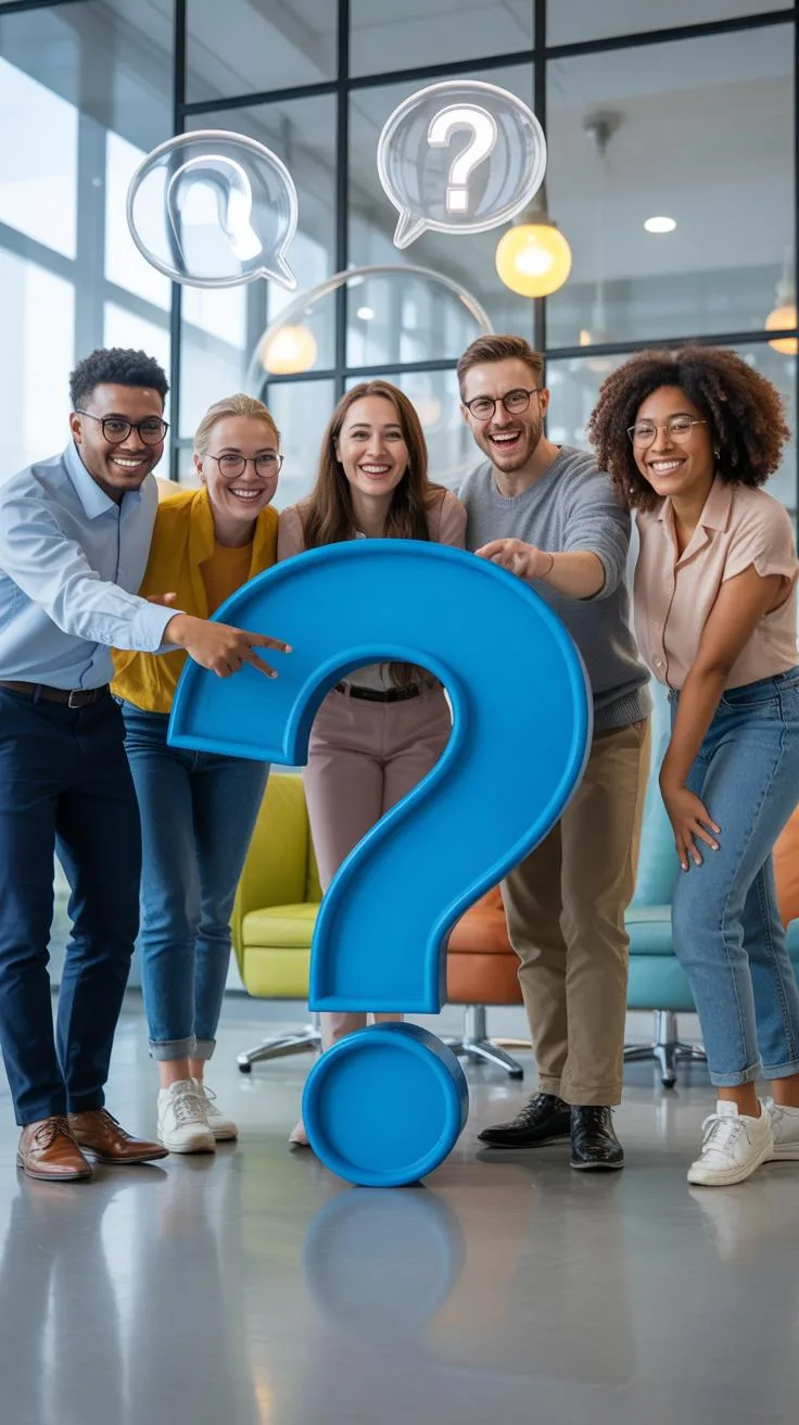 Five diverse young adults are gathered around a large blue question mark prop in a modern office space, smiling and looking at the viewer, with white