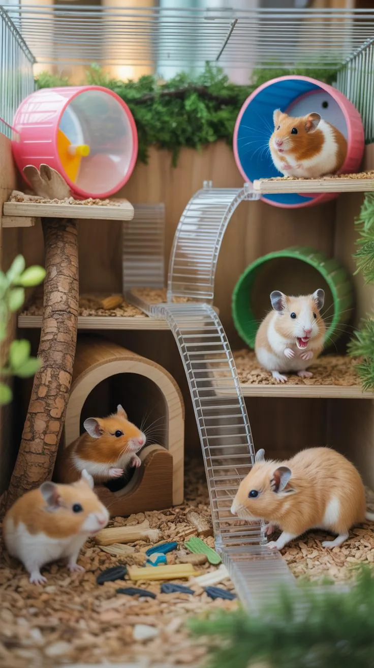 Five small, light brown and white hamsters are scattered throughout a multi-level wooden hamster cage with various colorful accessories, including pin