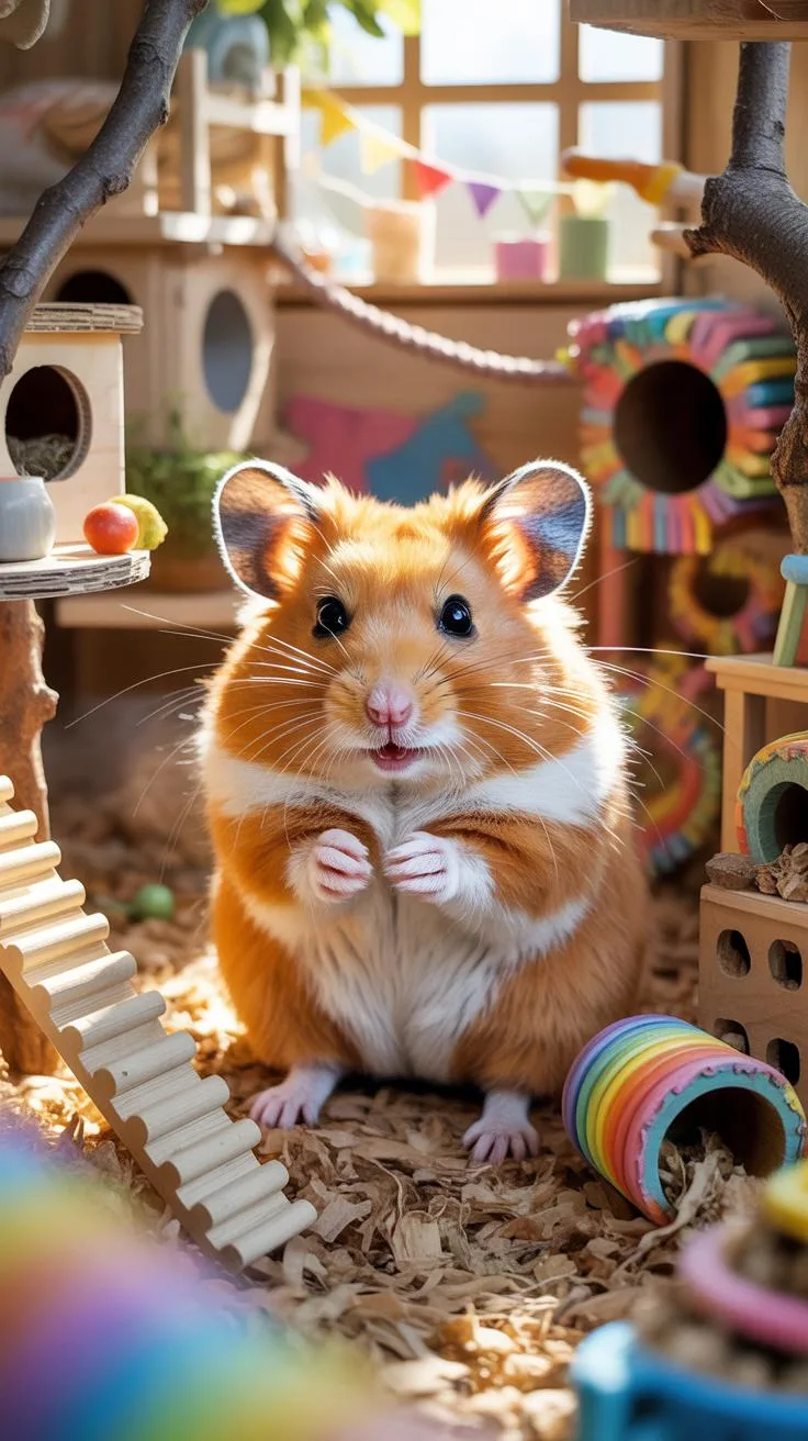 A fluffy, short-haired golden hamster with white markings on its belly and cheeks stands upright on its hind legs, looking directly at the viewer with