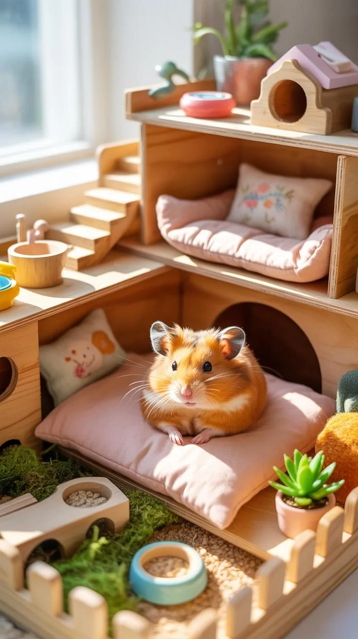 A fluffy, orange and white hamster sits on a soft pink pillow in a multi-level, wooden hamster house with miniature furniture and accessories, includi