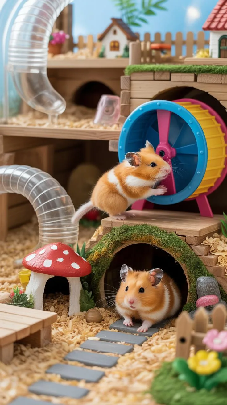 Two fluffy, orange and white hamsters are actively exploring a multi-level wooden hamster cage filled with various accessories, including a blue and y