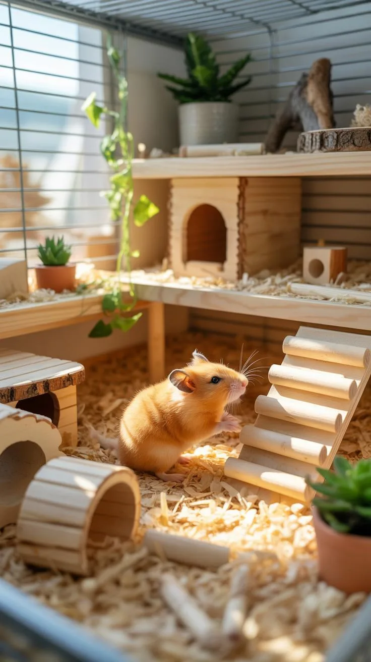A fluffy golden hamster with black eyes is sitting in a sunlit, multi-level wooden cage filled with bedding and various wooden toys and accessories.
