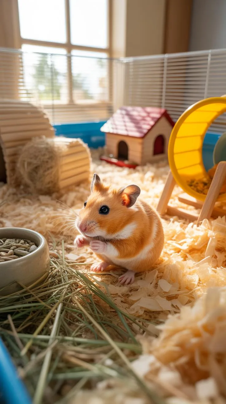 A small, light orange and white hamster with black eyes sits upright, holding food in its paws, amidst abundant light-colored bedding and hay inside a