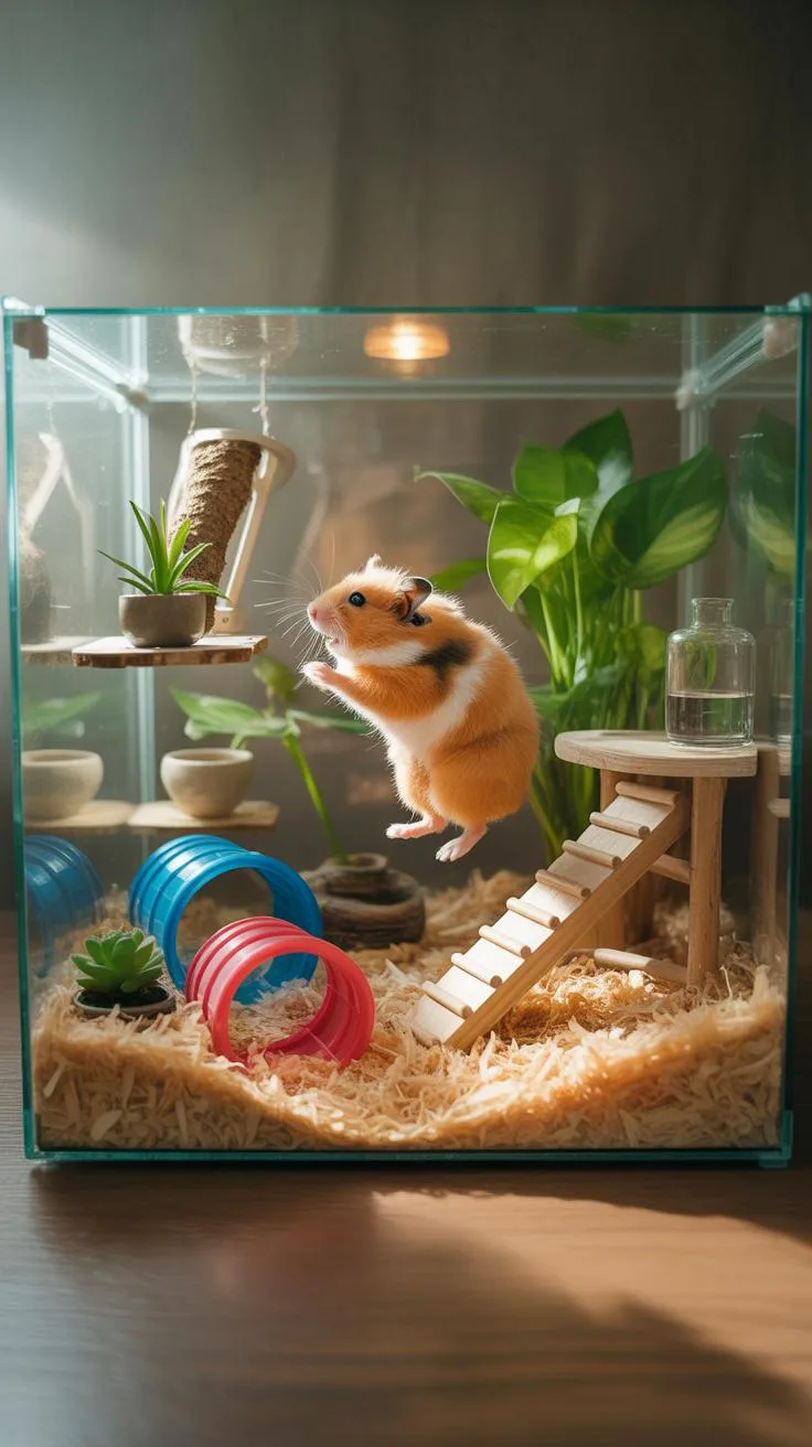 A fluffy, orange, white, and black hamster stands on its hind legs in a clear glass enclosure filled with light brown bedding, tunnels, green plants,