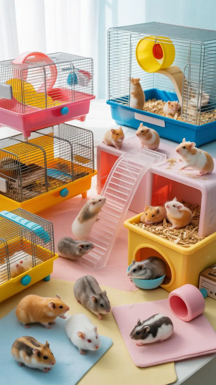 A brightly lit still life shows several small, colorful wire cages with plastic bases, each containing one or two dwarf hamsters, along with many othe