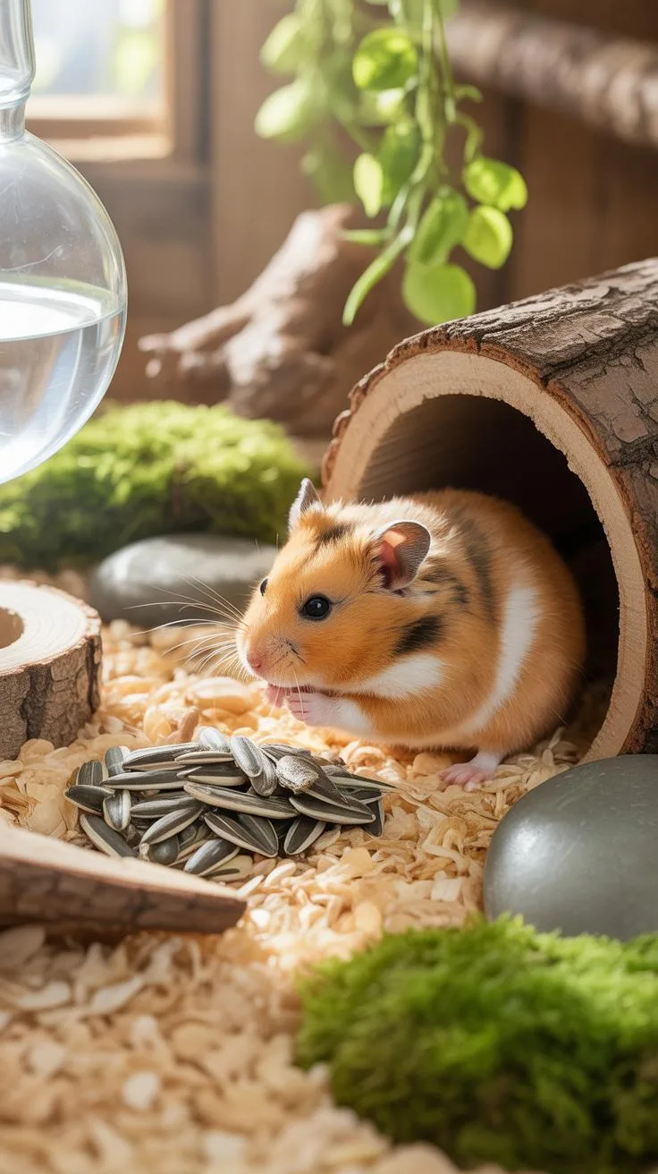 A fluffy, orange and white Syrian hamster sits in the entrance of a hollow log hideout, surrounded by wood shavings, eating sunflower seeds from a sma