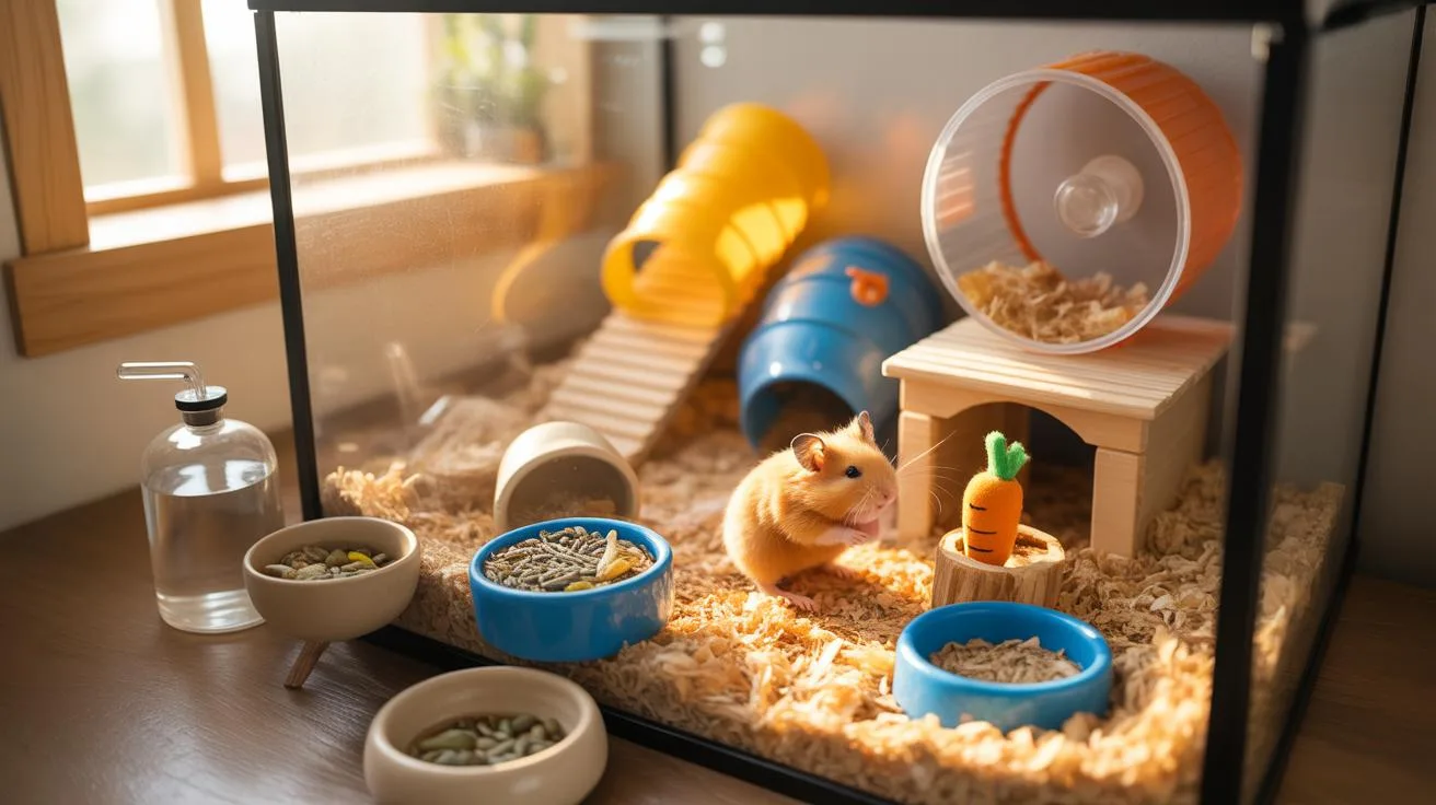 A small, light brown hamster sits inside a glass enclosure filled with wood shavings, surrounded by blue and beige food bowls, an orange exercise whee