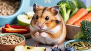 A fluffy, brown, black, and white hamster sits upright amidst various bowls of fresh and dry food, including seeds, nuts, apple slices, blueberries, c